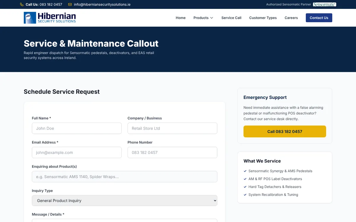 The service and maintenance callout page, with a booking form and the emergency phone number